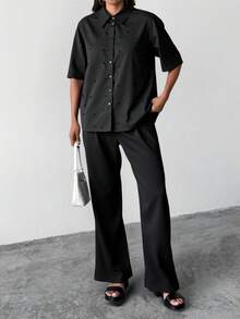 EURMUSE Women's Brown Beaded Two Pieces Set – Short Sleeve Button Down Shirt & Wide-Leg Pants - Brown - View 3