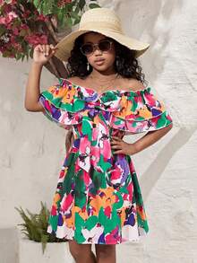 SHEIN Tween Girl Matching Floral Print Off Shoulder Ruffle Short Dress Tween Girl - Multicolor - View 2