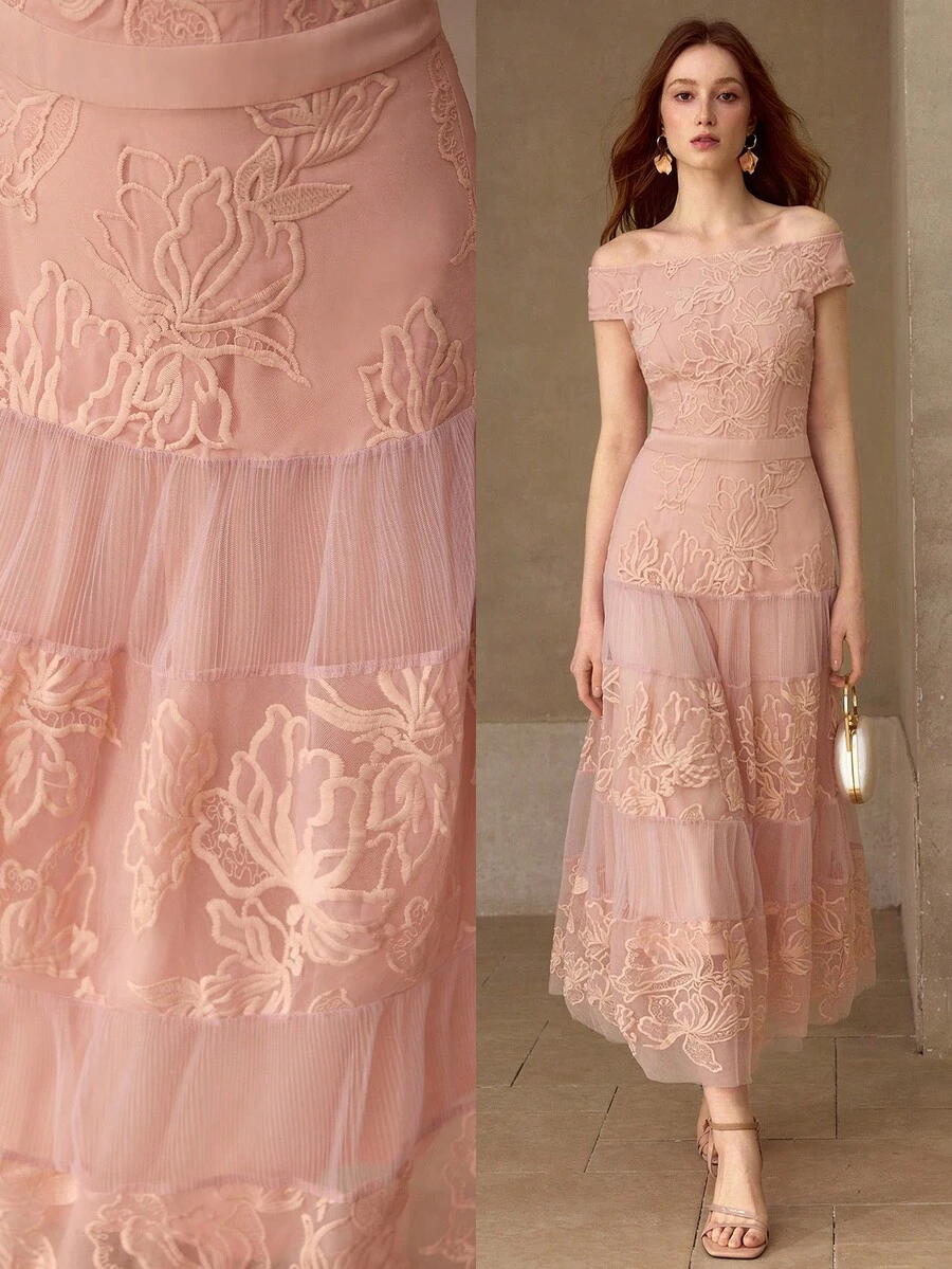 MOTF PREMIUM VESTIDO CON HOMBROS DESCUBIERTOS, BORDADO FLORAL, PARCHES DE MALLA, PRIMAVERA/VERANO - Rosa - Ver 1