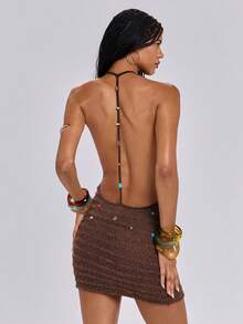 ROMWE Country Spring/Summer Colorful Beaded Decor Y2K Backless Sheer Sexy Crochet Mini Dress For Women - Apricot - View 3