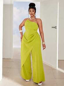 Maweii 性感优雅小众不对称领口修身上衣搭配宽松阔腿裤两件套，大码 - 綠色 - 查看 5