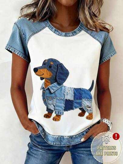 EMERY ROSE Women's Casual Denim Dog Print Short Sleeve T-Shirt