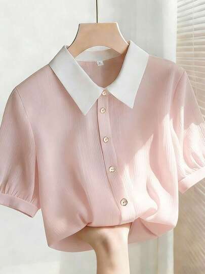 Resyla Women's Spring/Summer New Pink & White Textured Fabric Loose Fit Shirt, Metal Button Decor, Suitable For Outing, Vacation, Afternoon Tea, Daily Wear, Date, Party Pink Shirt Collared Shirt Preppy Tops Cute Tops Pink Blouse Shirts Crop