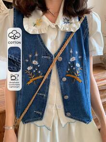 FRIFUL Áo khoác gile denim nữ thêu hoa, kiểu dáng thường ngày, cài một hàng cúc. - Màu xanh lam - Xem 1