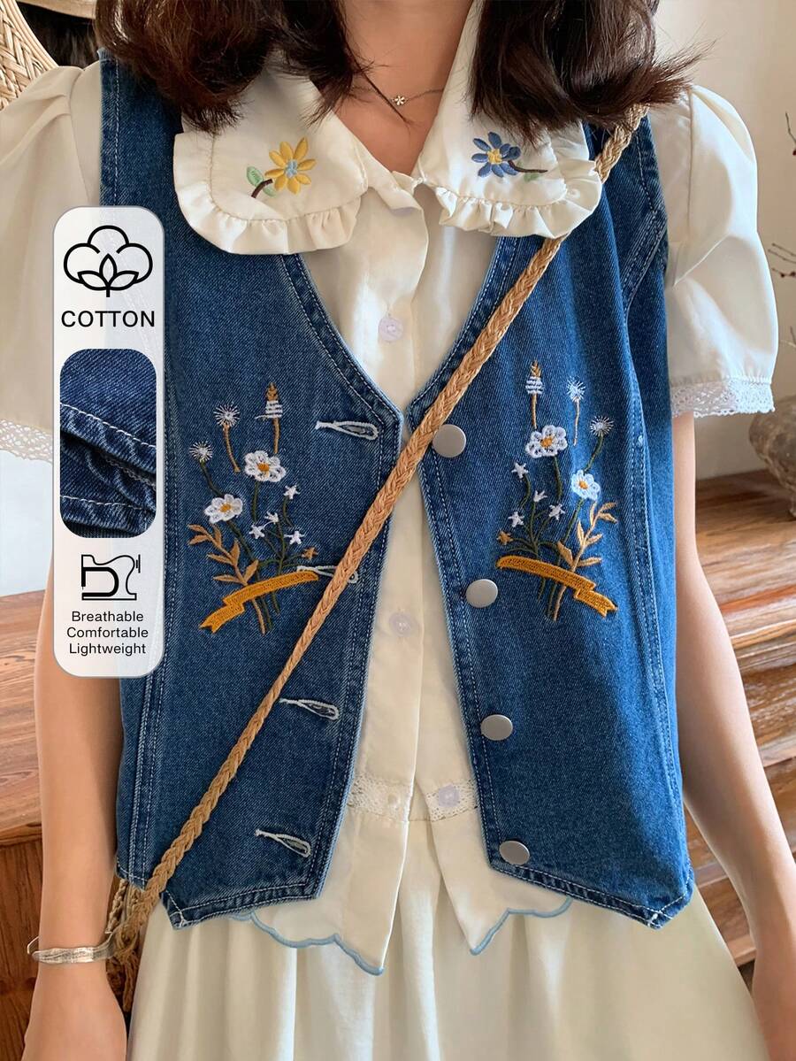 FRIFUL Áo khoác gile denim nữ thêu hoa, kiểu dáng thường ngày, cài một hàng cúc. - Màu xanh lam - Xem 1