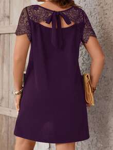 Reflora Plus Contrast Lace Scallop Trim Dress Evening Formal Wedding Guest Dark Purple Summer Elegant Curve - Purple - View 2