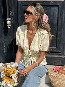 SHEIN PariChic Women's Pale Yellow Summer Elegant Mesh Jacquard Blouse,French Casual Semi-Sheer Tie Front Top,Short Sleeve Ruffle Hem Cinched Waist Shirt For Dates - Apricot - View 4