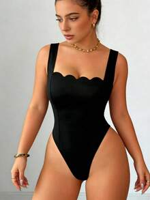 SHEIN LUNE 荷叶边领修身连体裤，显瘦显瘦款式，欧美时尚 - 黑色 - 查看 5