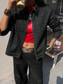 Livesso Women's Leopard Print Loose Casual Denim Jacket - Grey - View 4