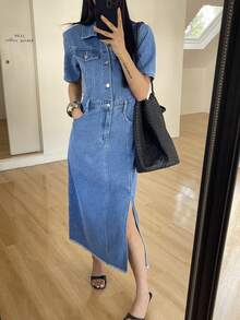 DAZY Đầm sơ mi denim nữ kiểu dáng thường ngày, chất liệu denim bạc màu, có túi giả và đường xẻ tà, thích hợp cho mùa hè. - Rửa trung bình - Xem 9