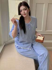 Dazy Plus Lace Tie Collar Cute Cardigan Top And Long Pants Pajama Set, Casual For Girls, Spring/Autumn - Blue - View 6