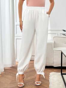 Miaspire Pantalon cheville à cordon de serrage couleur unie décontracté et polyvalent pour femmes - Blanc - Voir 4
