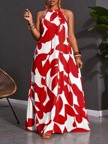 Slaydiva 2026 Spring/Summer Plus Size Women's Geometric Print Halter Neck Dress Wrap Around Dresses For Ladies Women's Talk Dress Women's Wrap Dress Wow Dress - Red - View 6