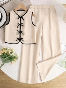 SHEIN Tween Girls Casual Elegant Striped Round Neck Contrast Bow Decor Vest And Pants 2 Pieces Outfit,Kids - Khaki - View 6