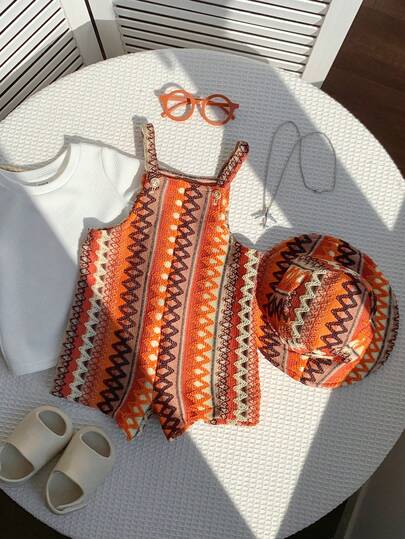 SHEIN 2pcs Unisex Newborn Baby Boys/Girls Cute Vacation Style Orange Striped Bib Shorts Romper And Sun Hat Set, Suitable For Spring/Summer