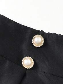 Pantalones anchos y sueltos con pliegues, decoración de botones de perlas falsas y unicolor minimalista para uso diario y casual de niñas preadolescentes - Negro - Ver 5