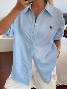 DAZY 女士动物纹单排扣休闲百搭日常长袖衬衫 - 白色 - 查看 2