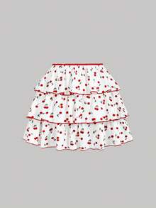 SHEIN MOD White And Red Cherry Print Two-Piece Set,Summer Cottage Core Picnic Holiday,Strapless Ruched Bustier Top & High-Waisted Tiered Ruffle Mini Skirt - Red and White - View 8
