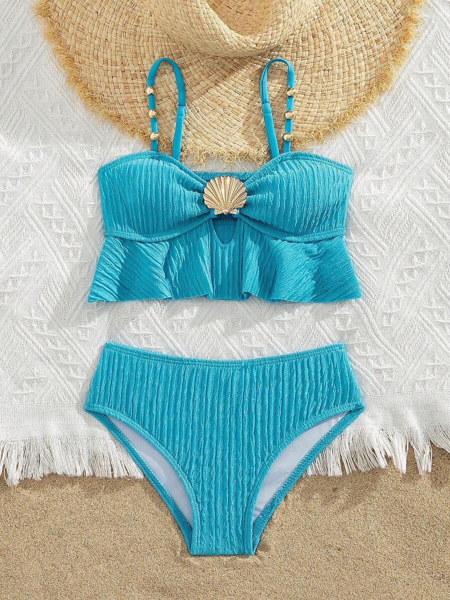 SHEIN Sparklyn Summer Beach Vacation Cute Solid Color 2pcs Swimwear Set For Young Girl - Blue - View 1