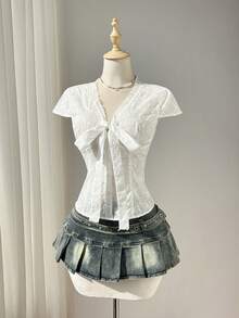 Elamini 白色镂空刺绣面料V领蕾丝边纽扣前襟系带短袖衬衫，女士春夏度假波西米亚甜美可爱通勤上学日常约会百搭款 - 白色 - 查看 4