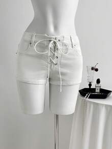 Elamini Quần short denim nữ kiểu dáng thường ngày, đa năng, có túi và dây buộc. - trắng - Xem 6