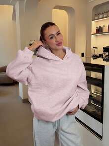 Abrilcols 连帽休闲保暖内衬纯色宽松男女通用卫衣秋冬 - 粉色 - 查看 6