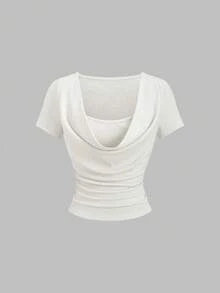 Sweetra French Ruffled Collar 2 In 1 Design T-Shirt With Pleated Details, Paired With Straight-Leg Drawstring Pants, Casual Chic Matching Set For Women, Spring/Summer - Apricot - View 8