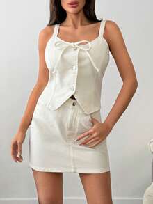 SHEIN Top & Skirt Two Pieces Denim Set - White - View 1
