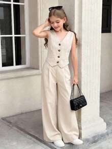 少女休闲条纹无袖上衣短裤两件套，返校季，夏季 - 卡其色 - 查看 3