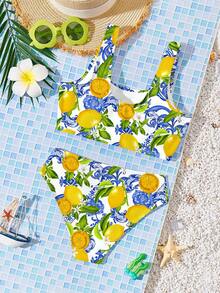 Tween Girls Casual Minimalist Lemon Fruit Pattern Camisole & Triangle Bikini Swimwear Set, Suitable For Summer - Multicolor - View 2