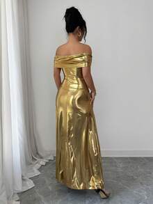 Rafferiza Women's Elegant Off-The-Shoulder, Fitted Waist, Coated Waist With Ruching And Metal Buckle Embellishments, Bodycon Fashion Dress. Other Styles Include Elegant Women's Dresses, Elegant Gowns, Luxurious Dresses, Yellow Dresses, Summer Dresses, Women's Summer Dresses, Spring Dresses, Women's Summer Outfits, Party Outfits, Elegant Women's Party Dresses, Off-The-Shoulder Dresses, Metallic Dresses, Elegant Long Dresses, And Shimmering Dresses.Turkish Abaya, Arab Long Robe Fall Summer For Women - Champagne - View 2