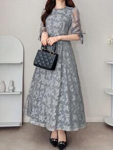 FRIFUL 女士圆领全蕾丝优雅通勤A字连衣裙，夏季长款连衣裙 - 灰色 - 查看 6