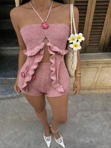 Selianne 2pcs/Set Elegant 3D Floral Halter Asymmetrical Knit Sweater, Spring/Summer - Pink - View 1
