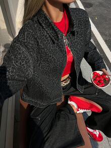 Livesso Women's Leopard Print Loose Casual Denim Jacket - Grey - View 8