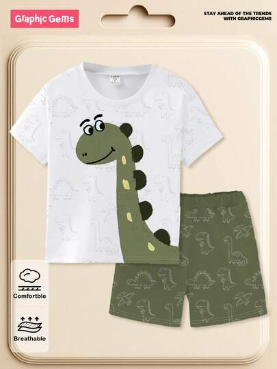SHEIN Playful Pals 1 Set Toddler Cartoon Style Outfit, White Short Sleeve T-Shirt With Playful Green Dinosaur Print, Covered In Dinosaur Line Drawings, Paired With Green Shorts, Suitable For Daily Playtime, Spring/Summer Adorable Choice
