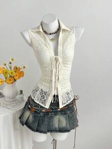 Elamini Sexy Casual Tie-Up Design Open Slit Waist Shirt For Women - Apricot - View 4