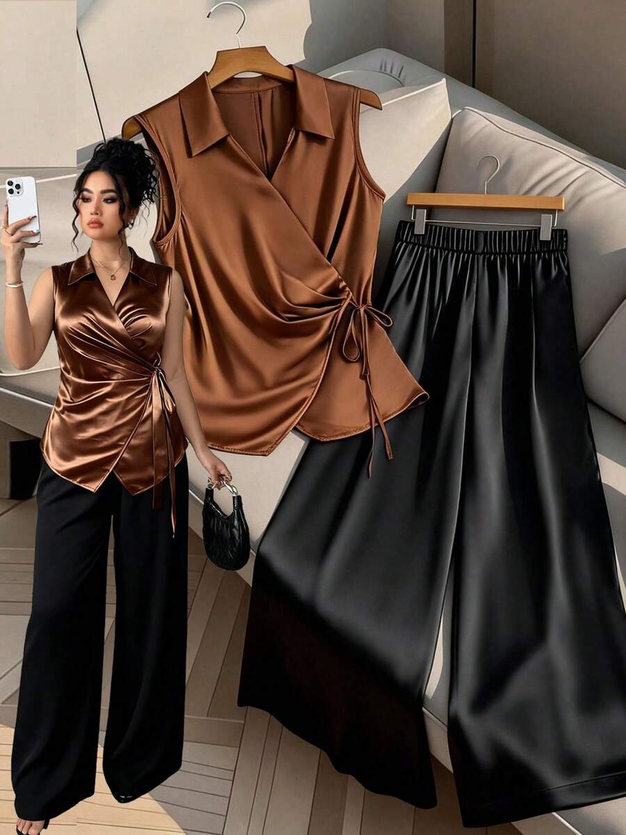 GlowEve CURVE Conjunto de 2 piezas talla grande para mujer, camisa casual + pantalón holgado, atuendo para ir al trabajo/casual - Multicolor - Ver 1