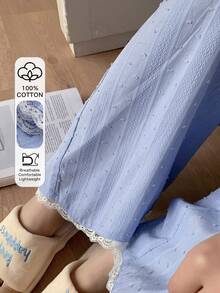 Dazy Plus Lace Tie Collar Cute Cardigan Top And Long Pants Pajama Set, Casual For Girls, Spring/Autumn - Blue - View 1