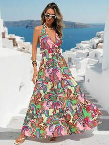 Vivid Eden Bohemian Style Printed Halter Backless A-Line Dress For Women, Casual Vacation Wear, Spring/Summer, Floral Dresses For Women, Vacation Outfits Women, Holiday Outfits For Women, Summer Holiday Outfits, Beach Vacation Outfits For Women Women Dresses Vacation Long Dress Summer Beach Long Dress - Multicolor - View 7