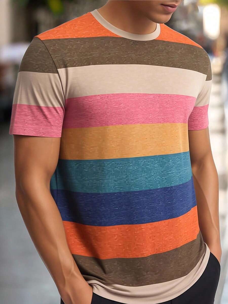 Manfinity Homme Men's Casual Everyday Contrast Stripe Round Neck Short Sleeve T-Shirt, Summer Summer Tops  Going Out Top  Vacation Outfits  Summer Top  Men Clothes  Holiday Outfits