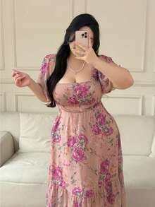 Vibekara Vestido de manga con volantes con estampado floral elegante de talla grande, primavera/verano - Multicolor - Ver 4