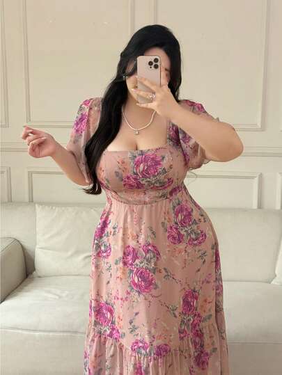 Vibekara Vestido de manga con volantes con estampado floral elegante de talla grande, primavera/verano