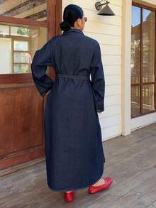 Dazy Plus Fashionable Casual Loose Retro Denim Dress, Turndown Collar Half-Open Front A-Line Slimming Long Denim Dress, Spring/Autumn - Dark Wash - View 8
