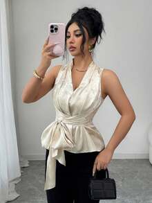 Selianne Women's Elegant V-Neck Sleeveless Wrap Tie Camisole Top, Pleated Satin Champagne Color, Unique Design, Suitable For Spring/Summer Vacation - Champagne - View 1