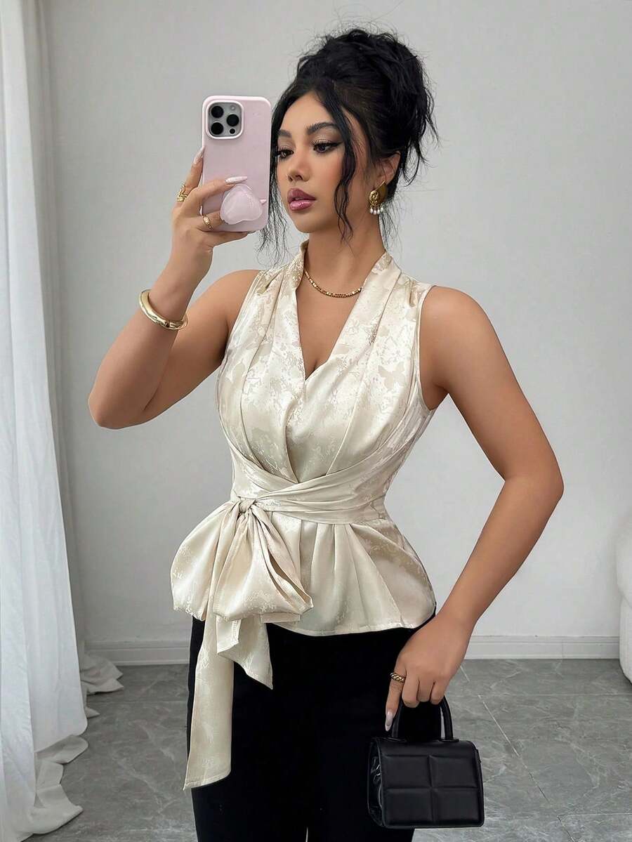 Selianne Women's Elegant V-Neck Sleeveless Wrap Tie Camisole Top, Pleated Satin Champagne Color, Unique Design, Suitable For Spring/Summer Vacation - Champagne - View 1