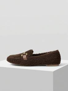 MOTF WOMEN'S CASUAL CHAIN DECOR TEDDY FLEECE FLAT SHOES, SUITABLE FOR COMMUTING, AUTUMN/WINTER VALENTINE'S DAY - Brown - View 3