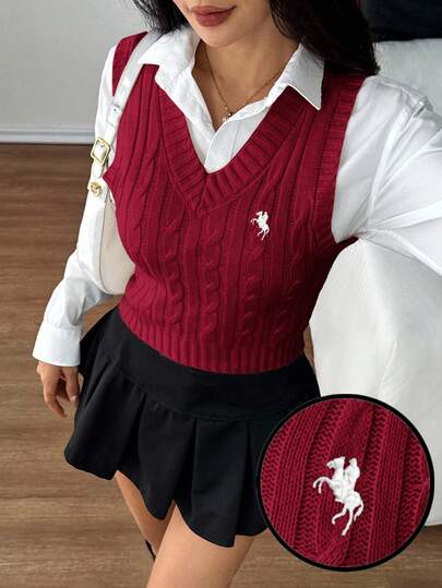 SHEIN PETITE 女士休闲学院风针织毛衣背心，适合感恩节、圣诞节、新年等日常穿着，红色上衣，圣诞毛衣背心