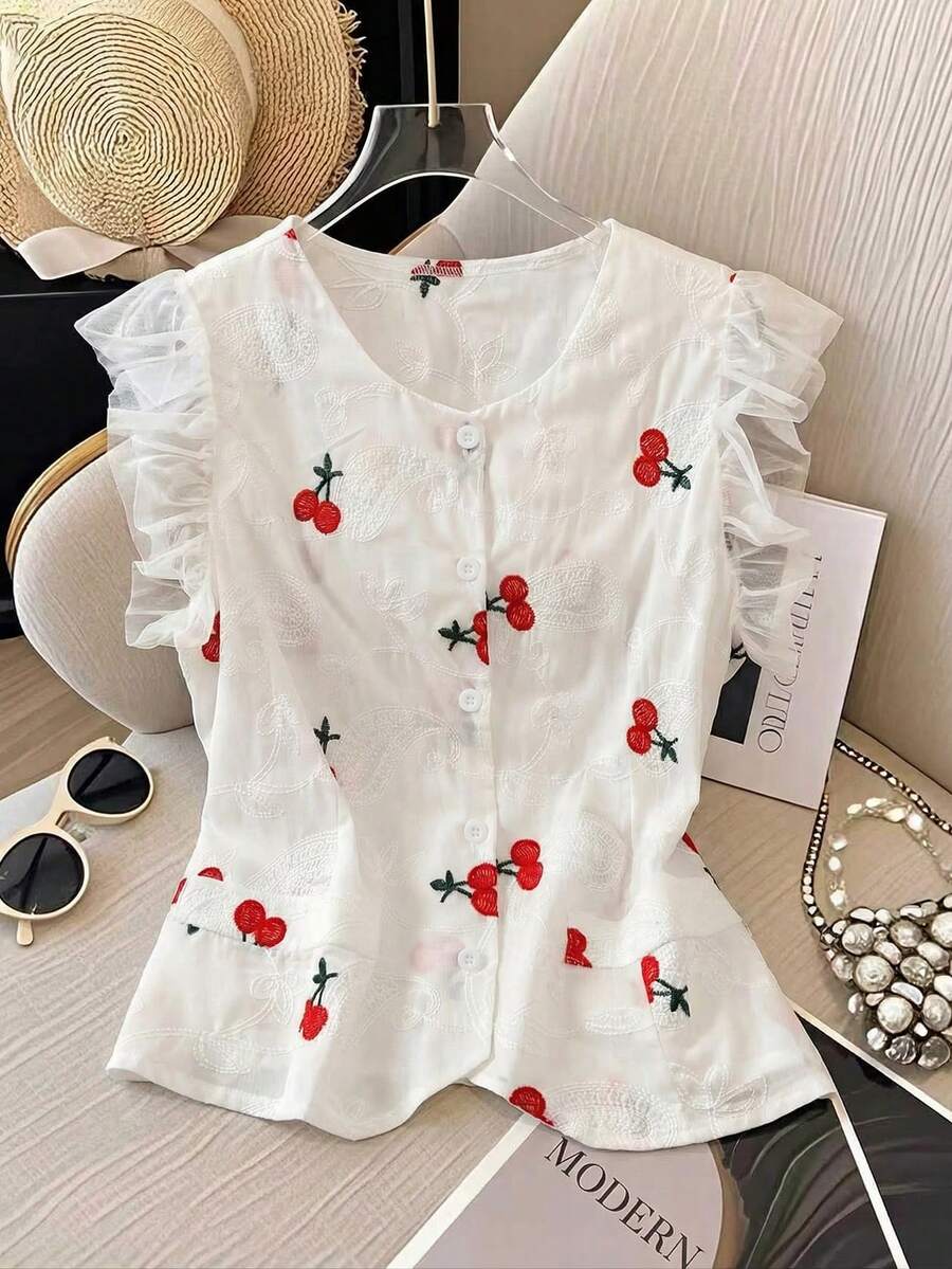 GlowEve 女士夏季休闲樱桃刺绣网纱拼接衬衫 - 白色 - 查看 1