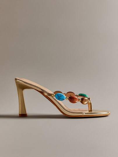 Hauture 女士宝石装饰细高跟日常复古性感沙滩优雅 PU 金色高跟凉鞋