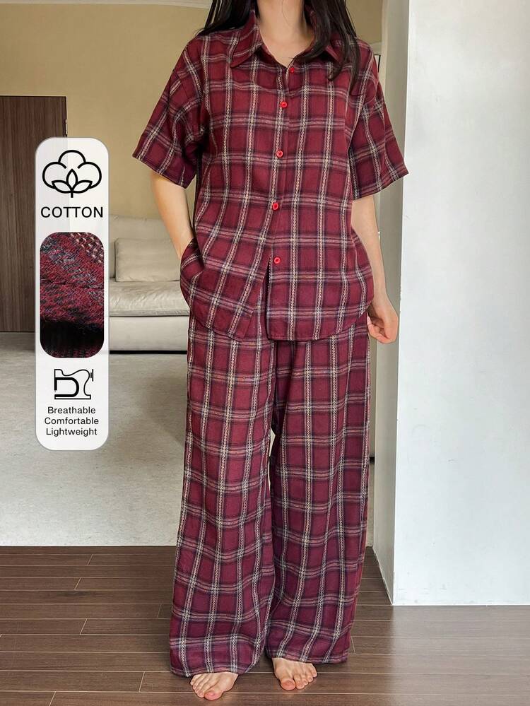 2pcs Plaid Pattern Short Sleeve Cardigan Shirt Top And Loose Straight Long Pants Pajama Set For Women, Summer
